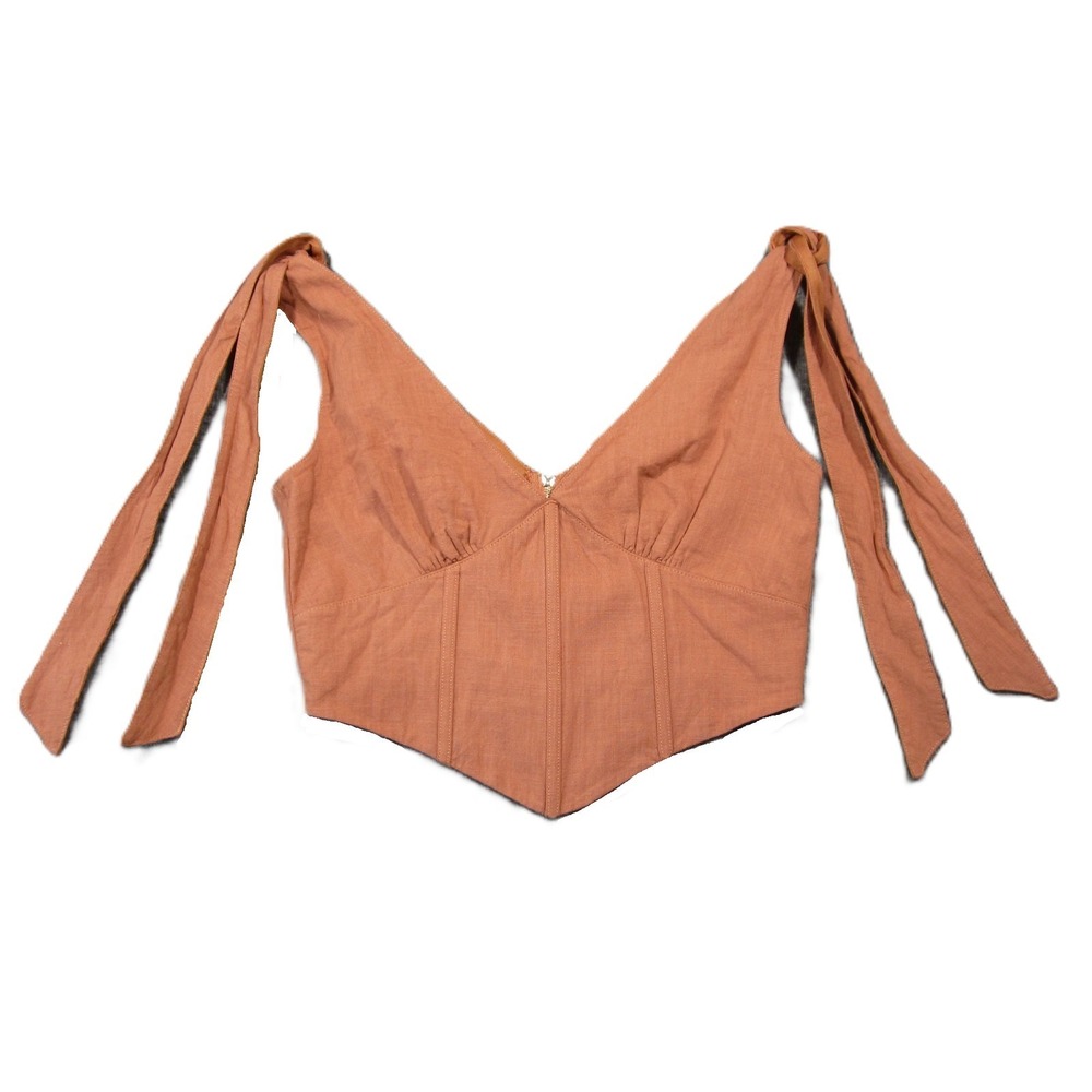 Corset Crop Top S Terracotta Tie Strap V-Neck‎ Boned Bustier Cottage Renaissance